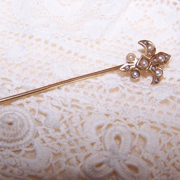 Antique Edwardian 10K Gold Natural Pearl Stick Pin - French Fleur de Lis - Picture 4 of 6